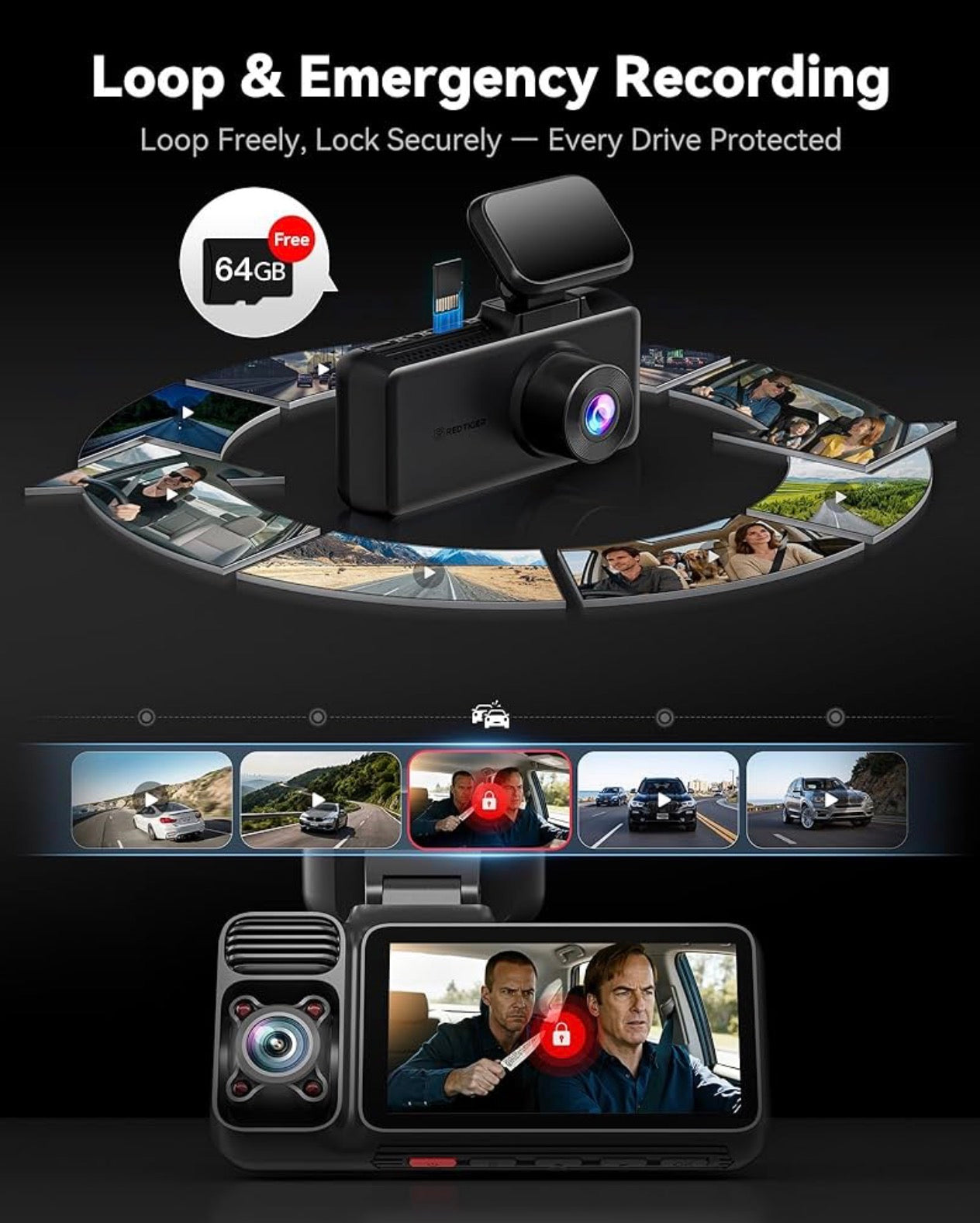 F17 REDTIGER 4K DASHCAM - 3 Channel + 64GB SD Card