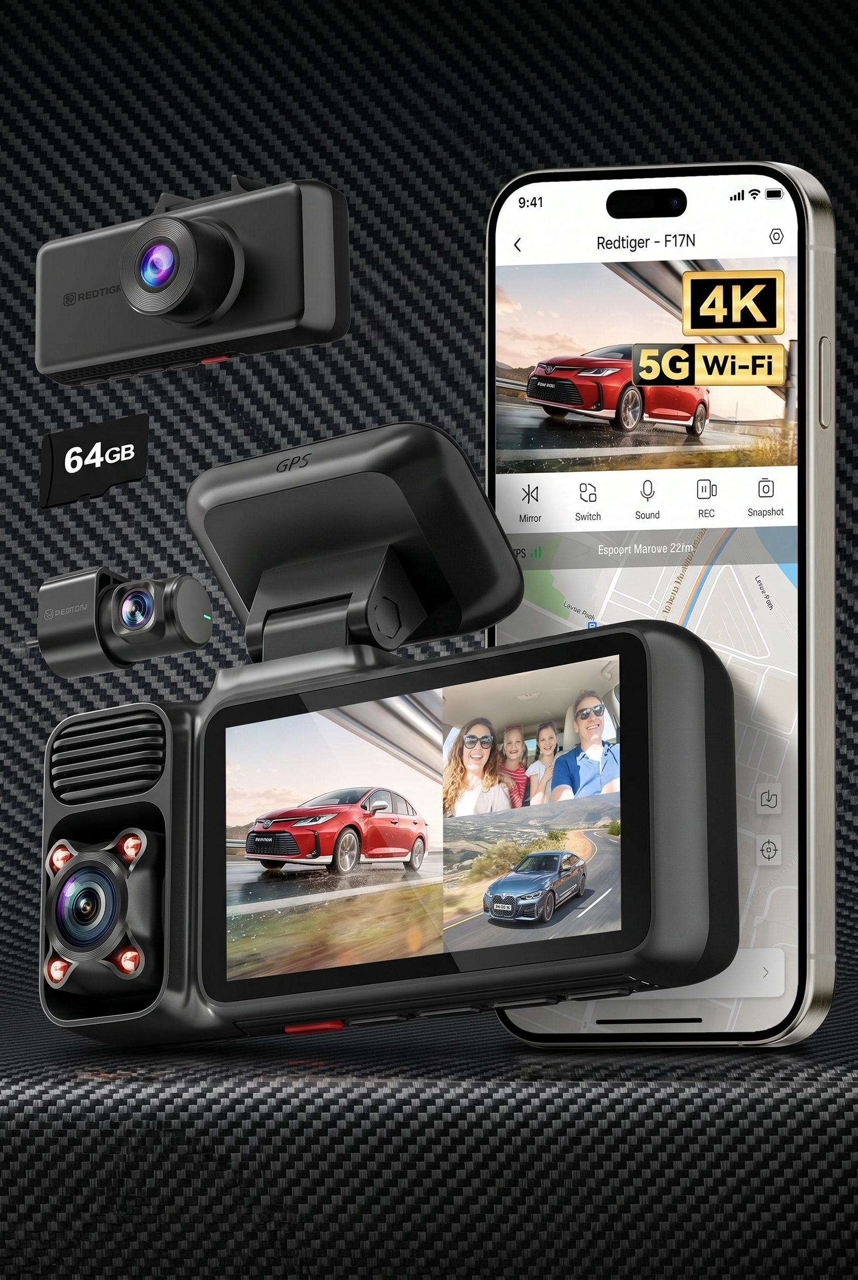 F17 REDTIGER 4K DASHCAM - 3 Channel + 64GB SD Card