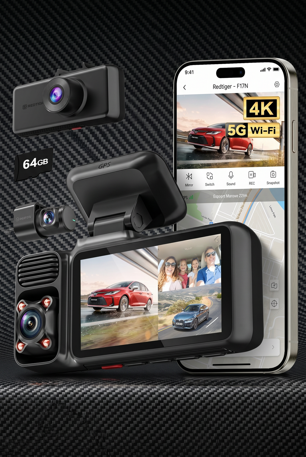 F17 REDTIGER 4K DASHCAM - 3 Channel + 64GB SD Card