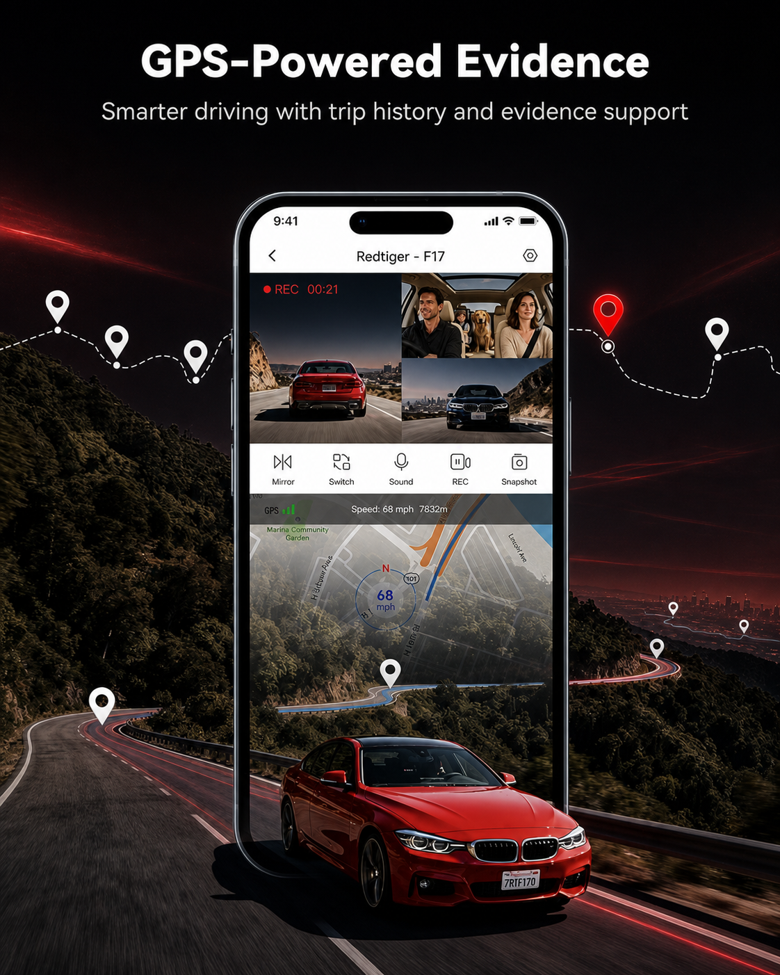 F17 GPS route evidence and trip history in the REDTIGER app