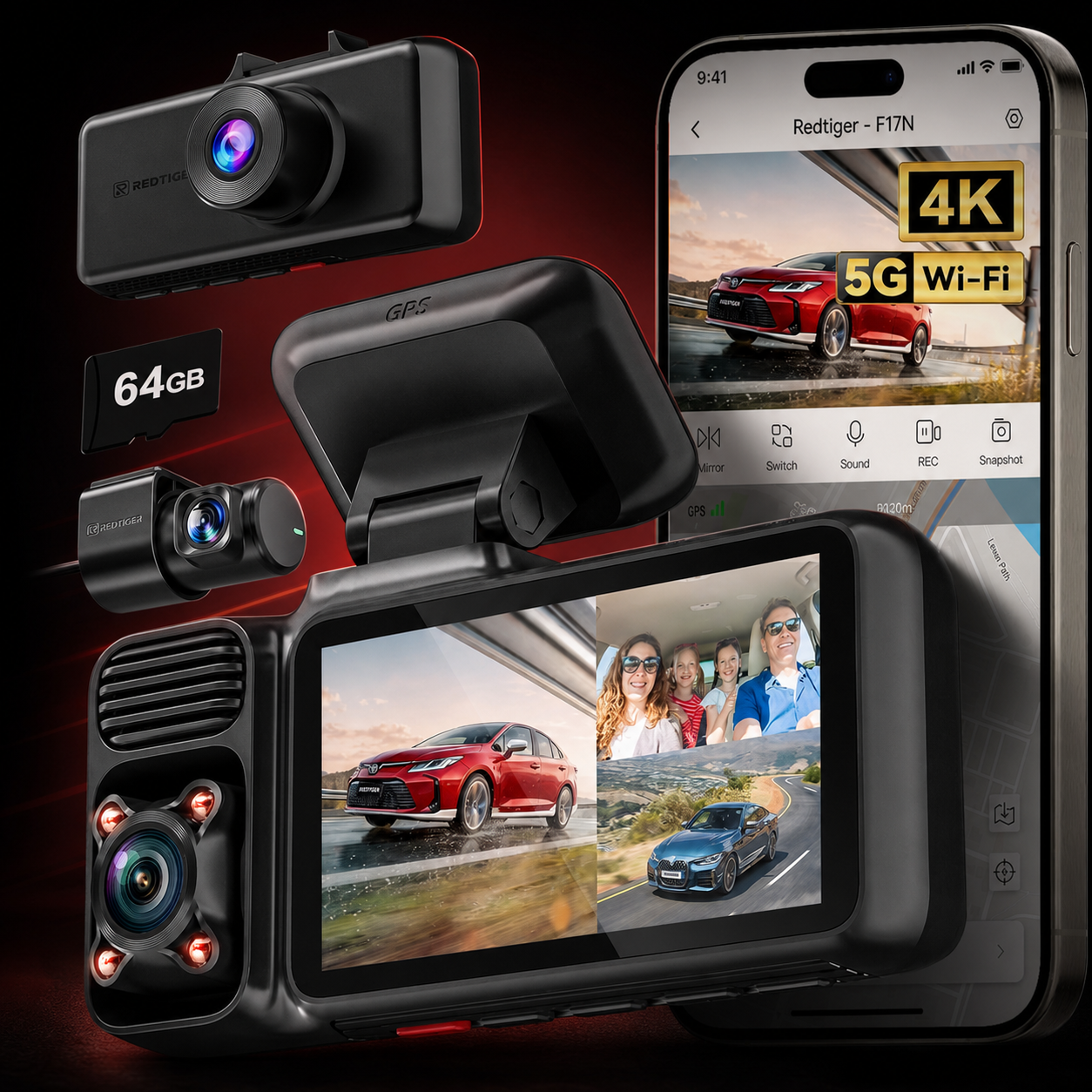 REDTIGER F17 dash camera kit with phone connectivity and included accessories
