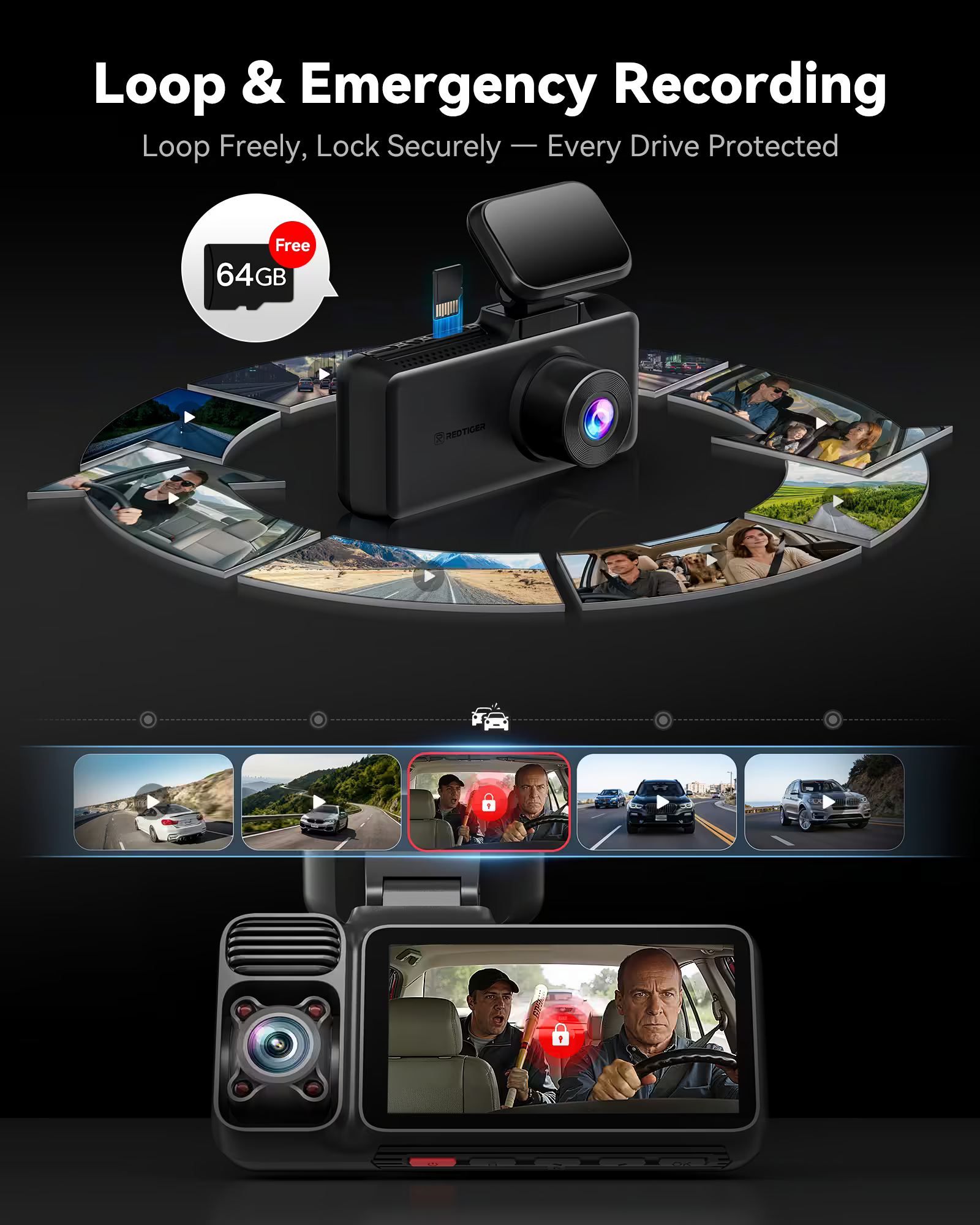 F17 loop recording and emergency clip locking with included 64GB card